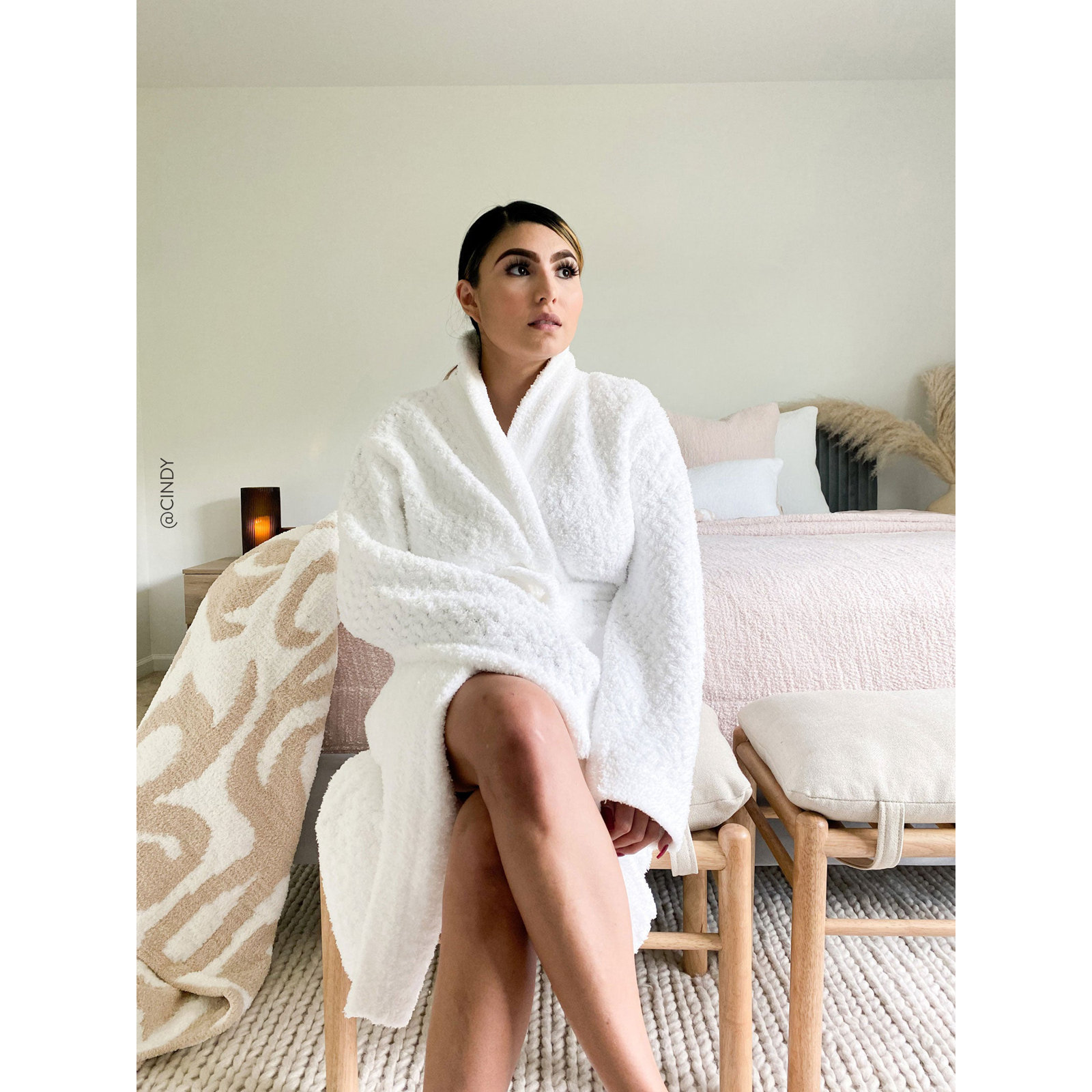 Snug Microfiber / Microsuede Waffle Girl / Woman+ Mid-Calf Bathrobe with Pockets, Clear White, S / M