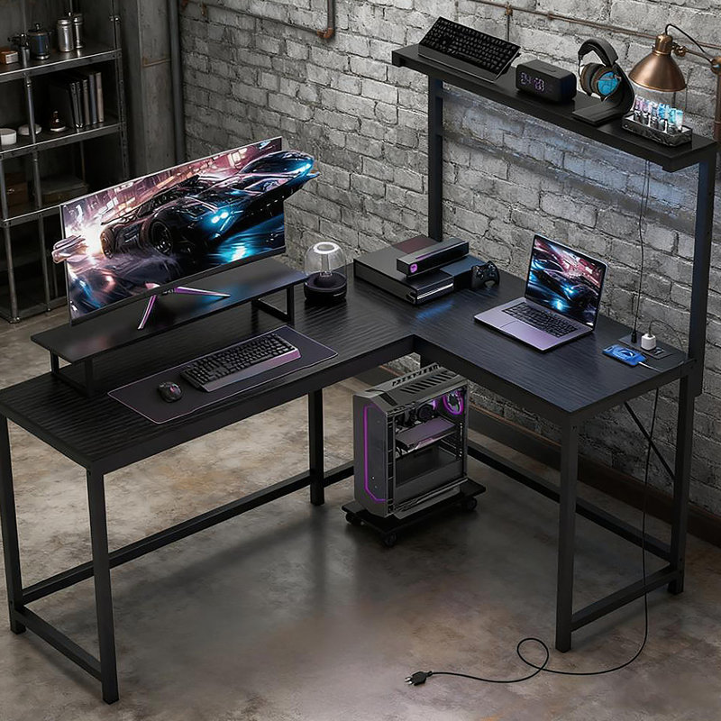 Bureau d'ordinateur, bureau de jeu en L avec prises de courant et lumières DEL, Noir