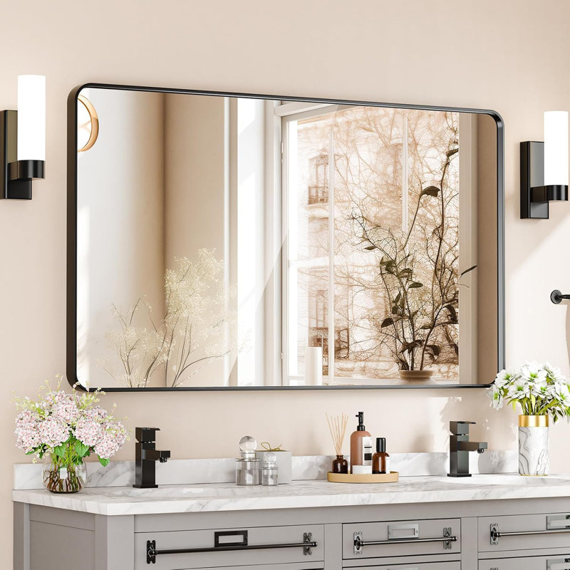 Black Metal Tempered Mirror With Deep Frame, 60" x 28", Rectangle