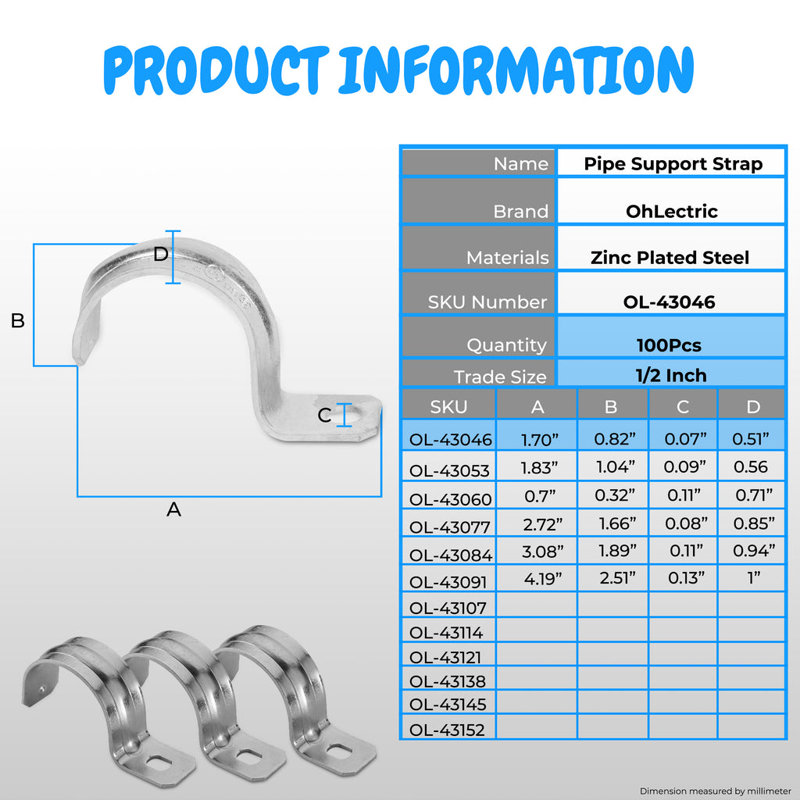 Zinc Plated Steel Pipe Straps for RIGID Conduit, 2", 1 Hole - Pack of 10