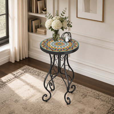 Table d'appoint ronde ronde en céramique avec motif floral éclatant et finition résistante aux intempéries, pour porche ou terrasse