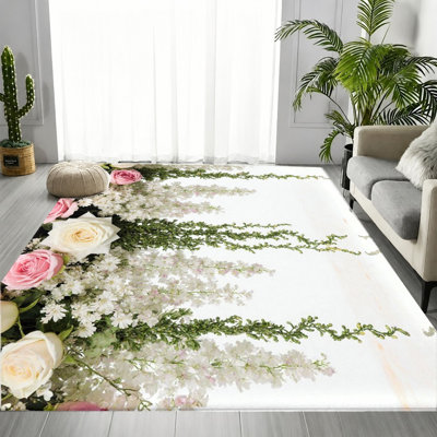 Tapis à motif floral rétro blanc et vert rétro, élégant motif rétro fleur, tapis de sol antidérapant doux et durable lavable à la machine, décoration intérieure élégante pour le salon, la chambre à coucher, le vestibule, la cuisine, le balcon, l’appartement