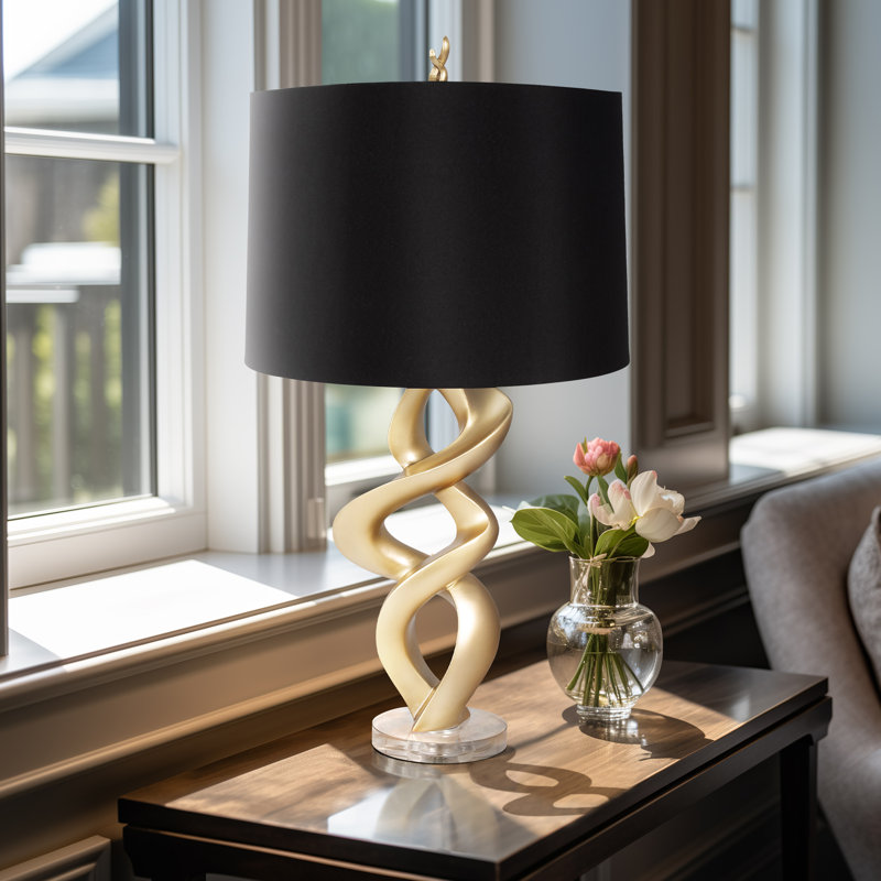 Modern Glam Resin Swirl Table Lamp, Gold Finish, Made with Resin, Crystal, and Linen