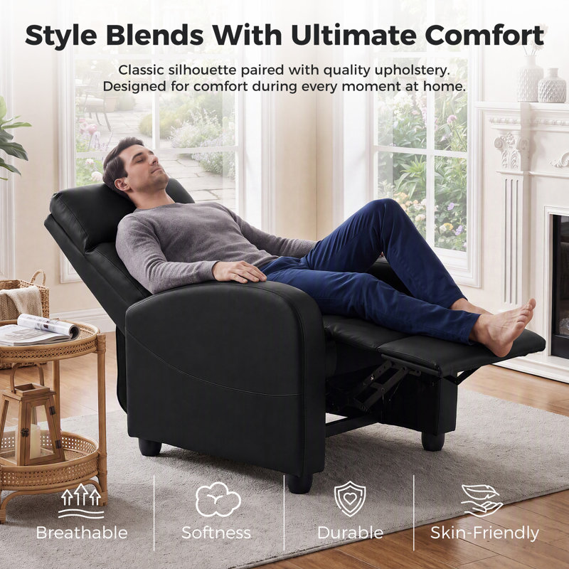 25.2" W Compact Ergonomic Massage Push-Back Recliner, Black