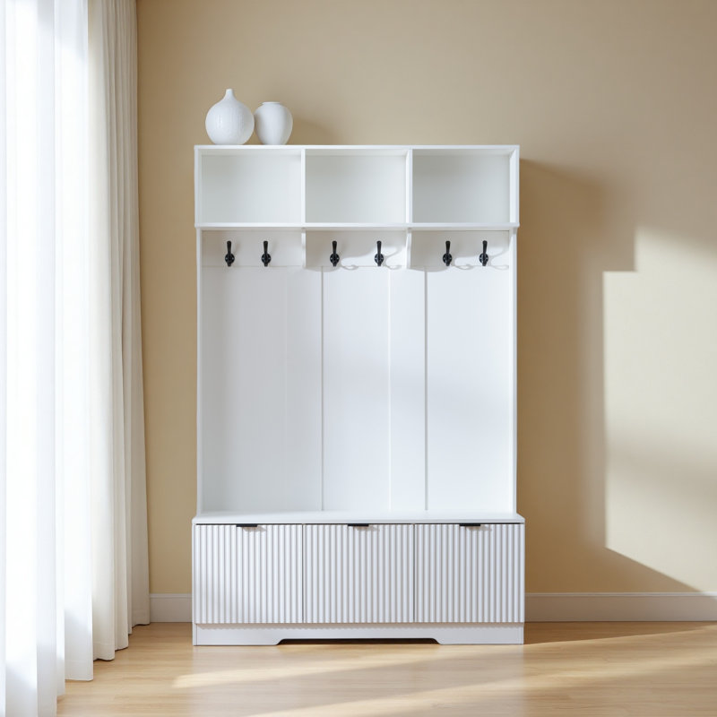 Hall Tree With Bench, Shoe Storage & 3 Open Storage Cabinets, Farmhouse Hall Tree With High Gloss Fluted Doors For Hallway Living Room