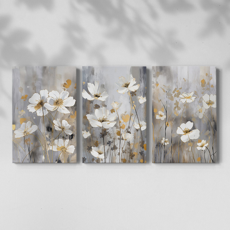 Étude florale CXLI - Ensemble de 3 toiles tendues avec châssis - Prêt à être accroché