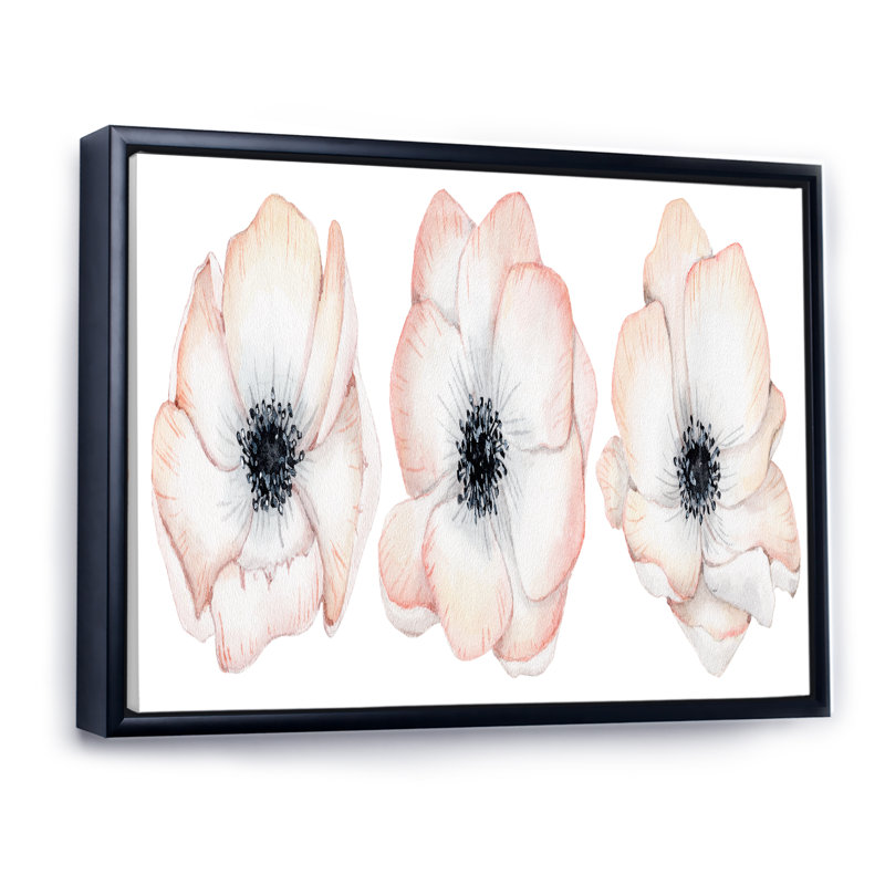 Aquarelle, anémone et fleurs roses - Peinture sur toile, H 12 po x l 20 po, Cadre flottant noir