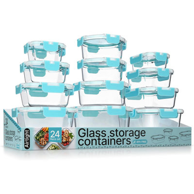 Contenant alimentaire en verre borosilicaté Bakken avec couvercles 24 pièces, contenants empilables sans BPA pour le déjeuner et les restes, va au micro-ondes, au congélateur et au lave-vaisselle, 100% étanche à l'air, Aqua