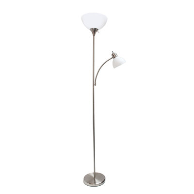 Lampe sur pied Lakey, lampe de lecture à col de cygne, nickel brossé, abat-jour blanc, 182 cm (71,5 po) de hauteur