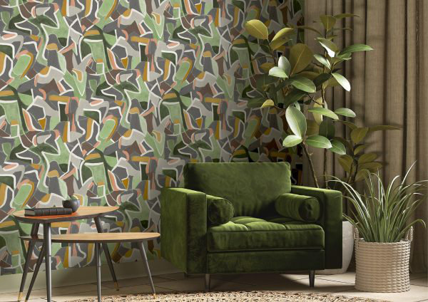 10m x 60cm Jigsaw Wallpaper Roll, Grey/Green/Yellow