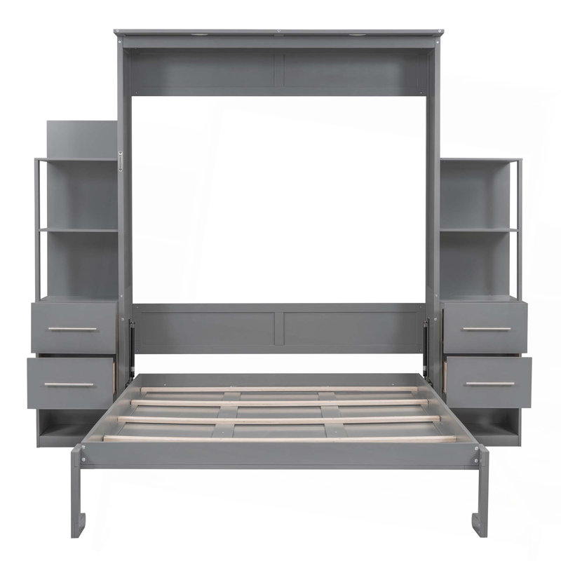 Grand lit escamotable mural avec tablettes, tiroirs et lumières DEL, Grey