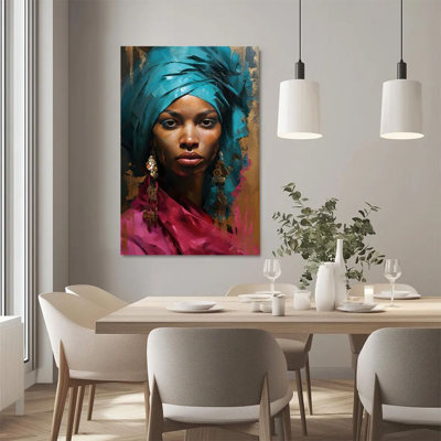 1Pc Framed Canvas Poster Print African Female Portrait, Teal Headscarf and Red Clothing, Expressionist Oil Painting Style Wall Decor, Perfect for Room