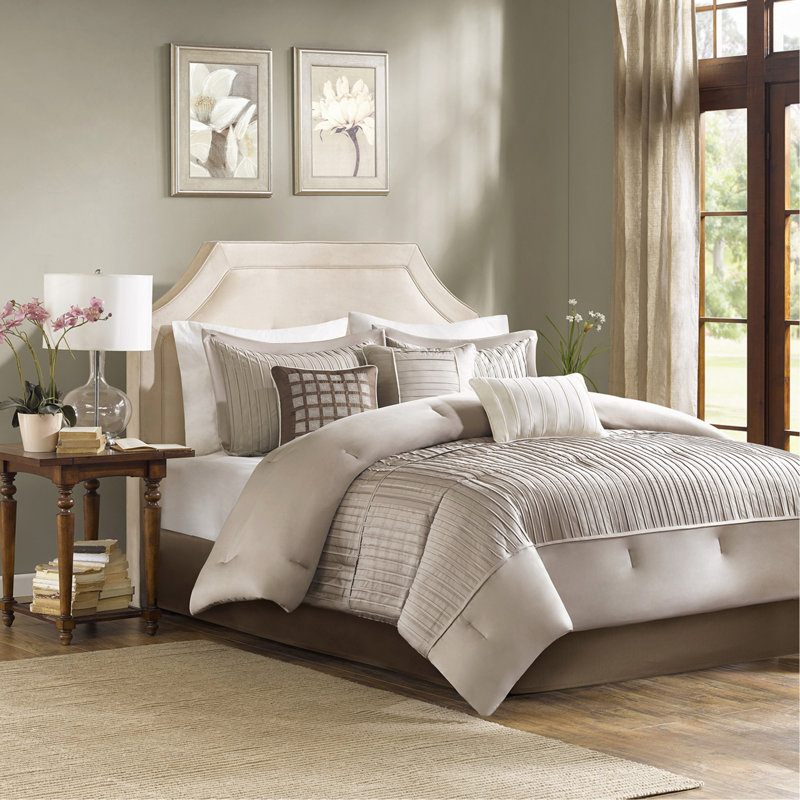 7-Piece Comforter Set Queen Size, Polyester Charmeuse With Pleating Detail & Hypoallergenic Filling, Taupe