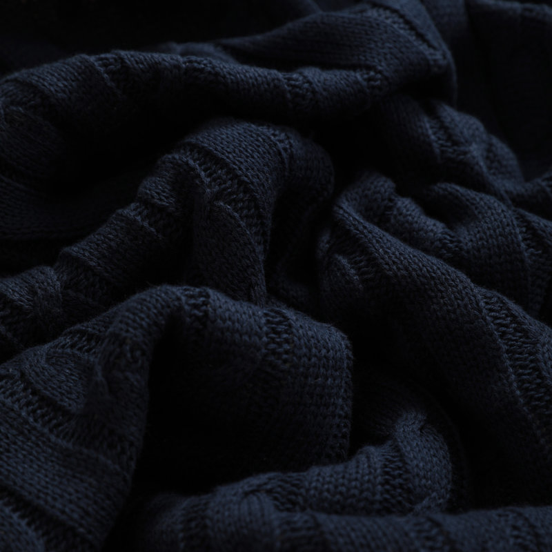 Navy Blue Cotton Cable Knit Sherpa Throw Blanket 51" x 67"