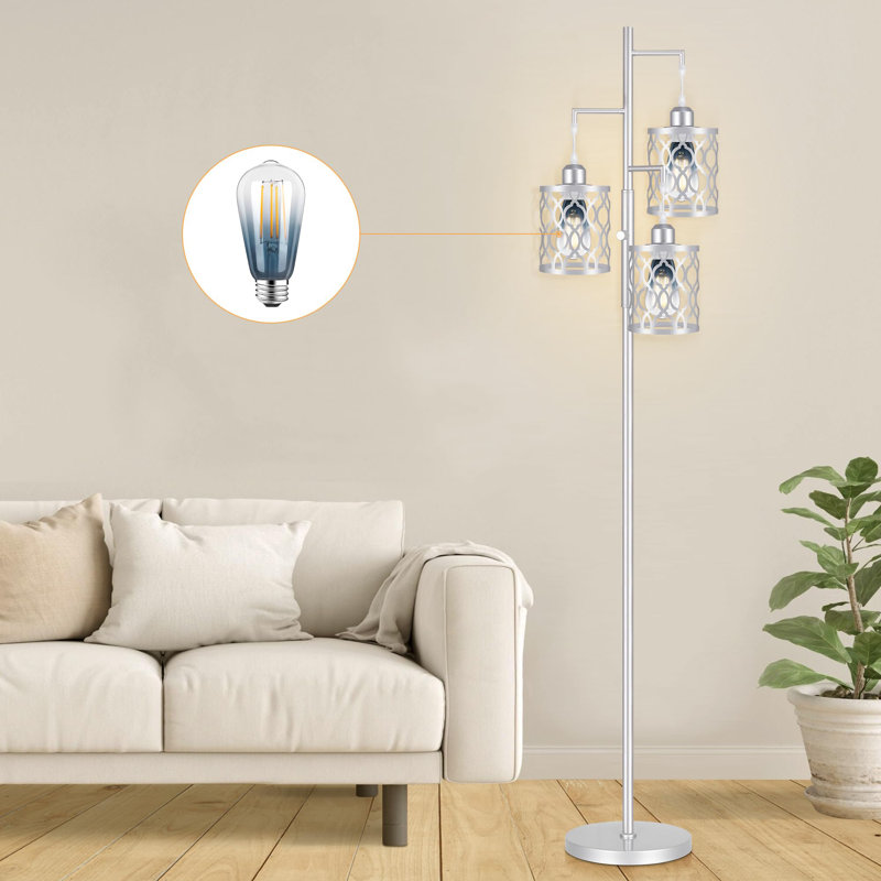 68" Farmhouse Floor Lamp, Dimmable Industrial Floor Lamps Including 3 Pcs 6w E26 Bulbs, Tree Floor Lamp, Silver