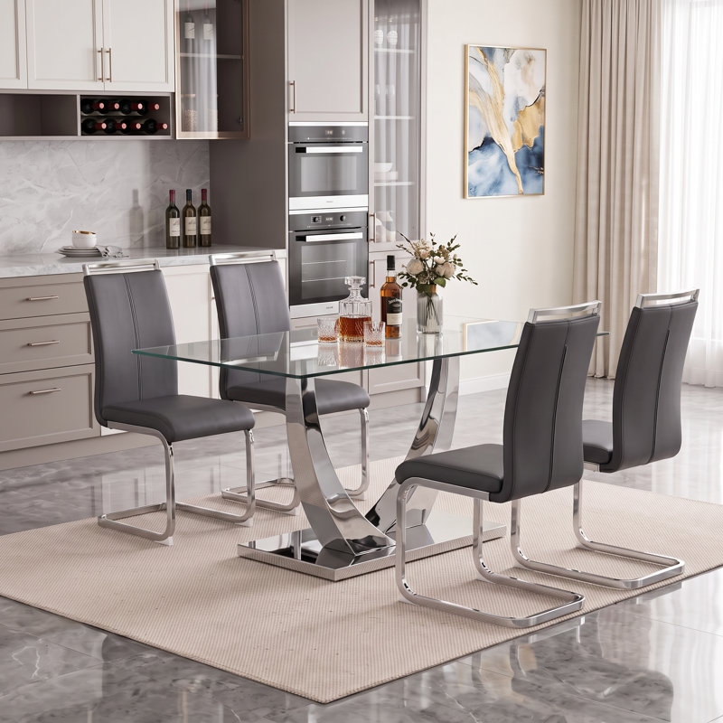 Modern Faux Leather Cantilever Dining Chairs with Chrome Base (Set of 4), Dark Gray, Silver, 4