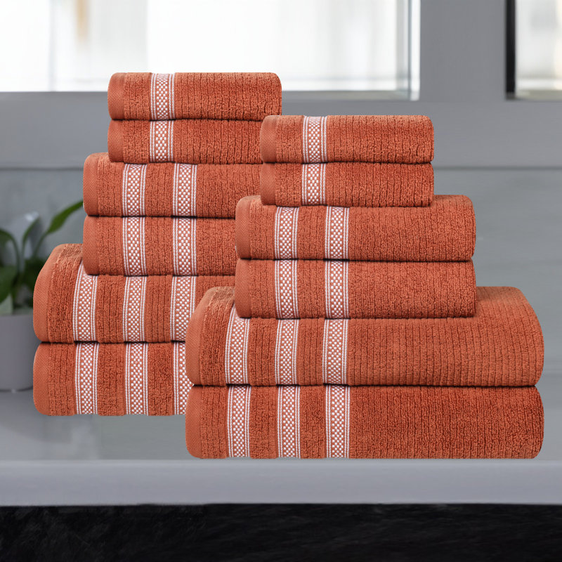 Ensemble de serviettes de bain 12 pièces à bordure géométrique en coton doux et très absorbant Orletta, Rouille