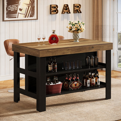 Home Bar Table With Storage Shelves, Farmhouse Bar Cabinet For Kitchen Dining Room by Wrought Studio