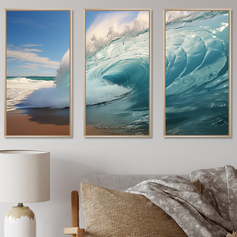 «Turquoise Ocean's Force Unleashed II», ensemble d'art sur toile côtière, Cadre naturel flottant, H 40 po x l 60 po x P 1 po