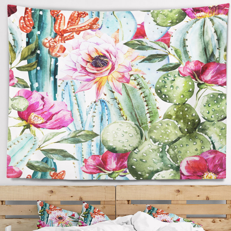 Tapisserie aquarelle motif floral cactus, H 32 po x l 39 po