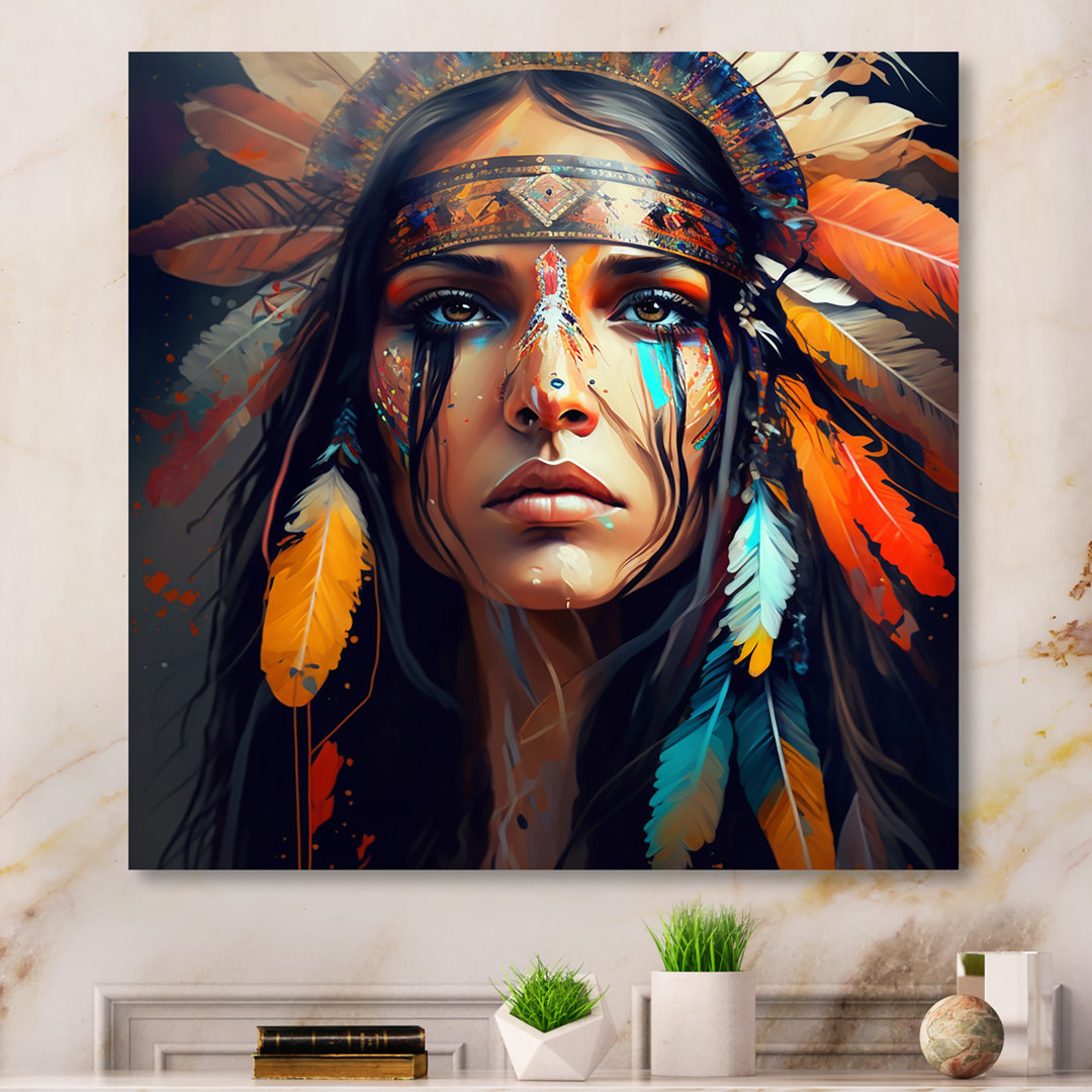 Colorful Native American Woman VII - Woman Boho Canvas Print Wall Art Design Art 