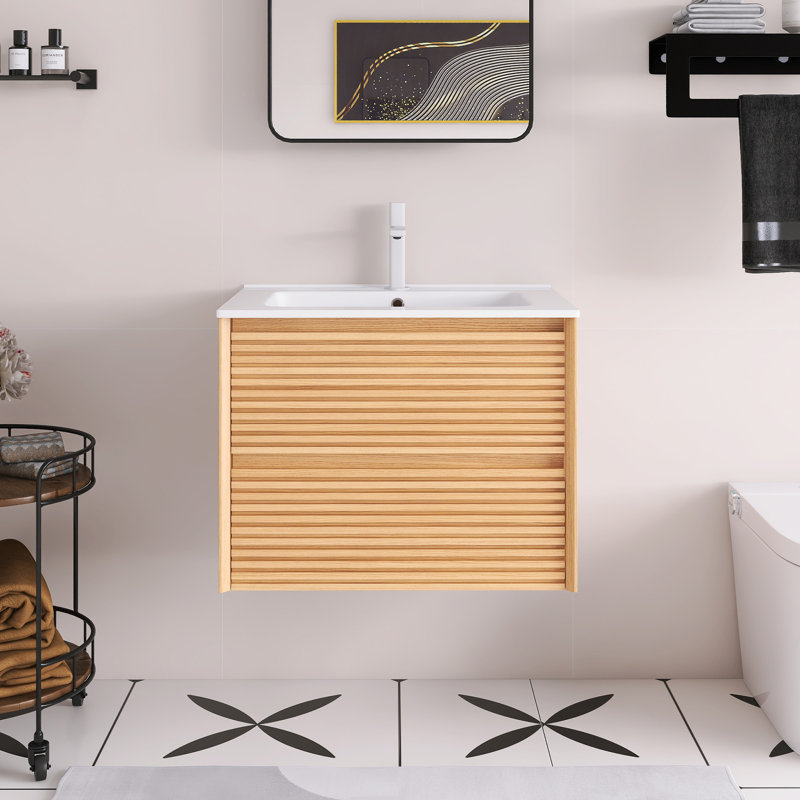 Meuble-lavabo mural en céramique blanc à grain de bois, Chêne, 24