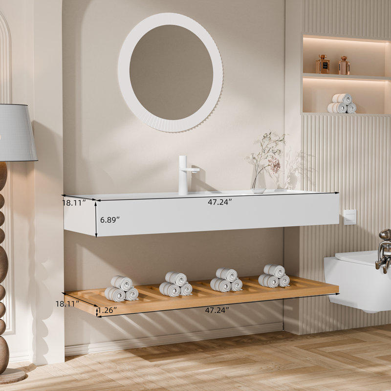 Meuble-lavabo flottant mural 48 po avec lavabo en acrylique et tablette ouverte - finition naturelle ou noyer, Bois naturel