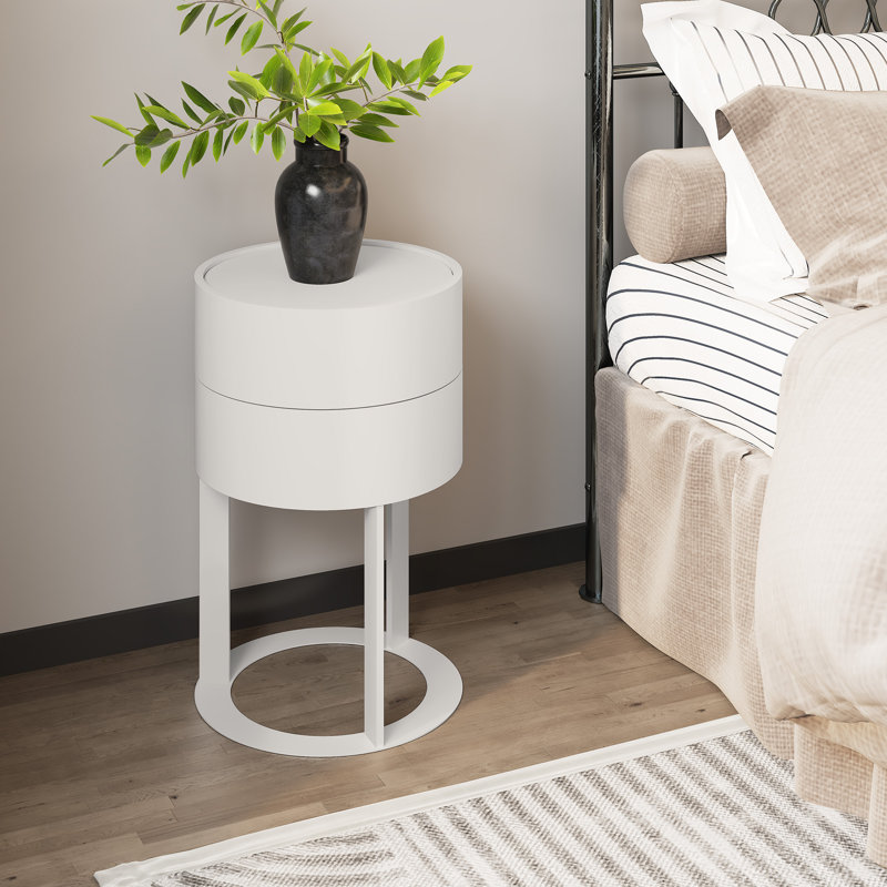 2 - Drawer Round End Table， Rotary Opening Nightstand, White, White