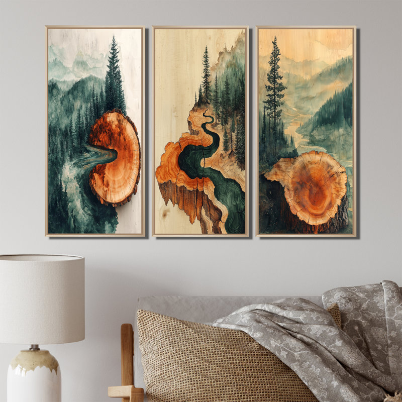 «Emerald River Into The Birtchwood Forest I - Forest Wall Art Collection», ensemble de 3, H 40 po x l 60 po, Crème, crème