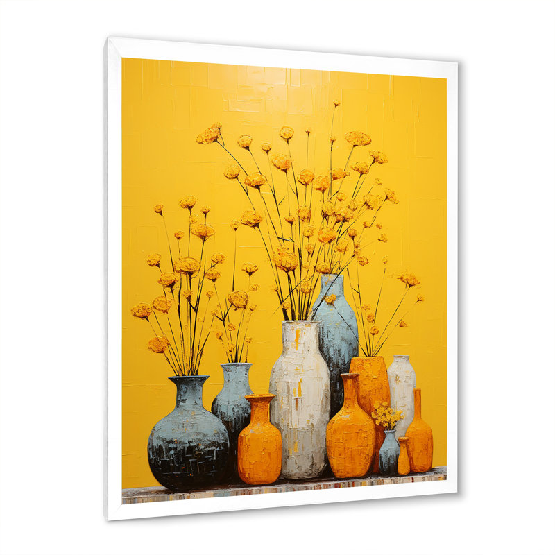 Minimalisme, poteries jaunes sur toile, H 40 po x l 30 po x P 1,5 po, Cadre simple blanc