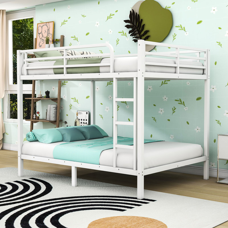 Metal Bunk Bed With Guardrails And Ladder, White, Full