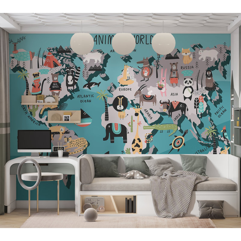 Adhésif mural pelez et collez pour enfants - carte du monde avec des animaux, L 96 po x L 68 po