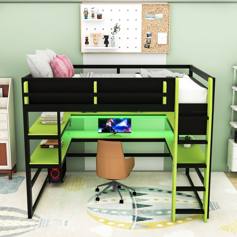 Lit mezzanine avec bureau, lumières RVB, support de rangement latéral et tablettes multiples, Double, Vert