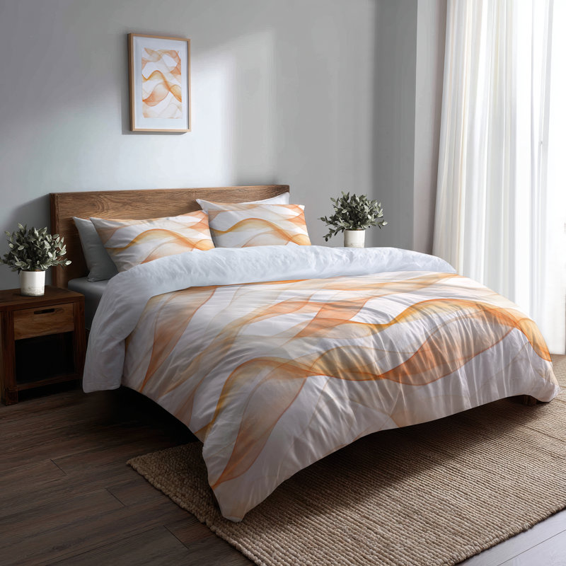 Ensemble de literie abstraite 3 pièces - Ensemble de housse de couette et de coussins modernes Terra Lines orange et blanc