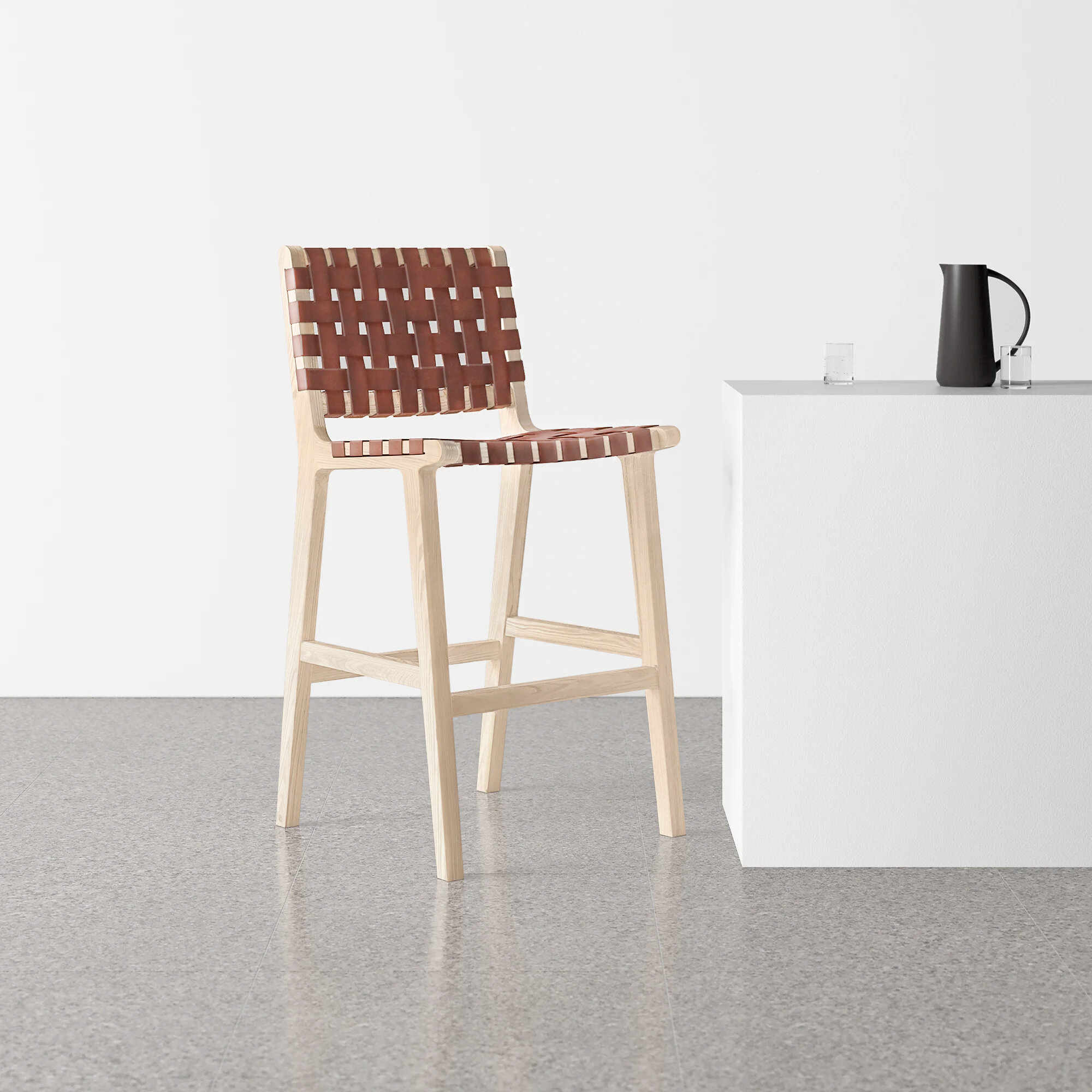 Alston Leather Stool, Cognac Leather/Natural Unfinished Frame, Counter Stool (27.16" Seat Height)