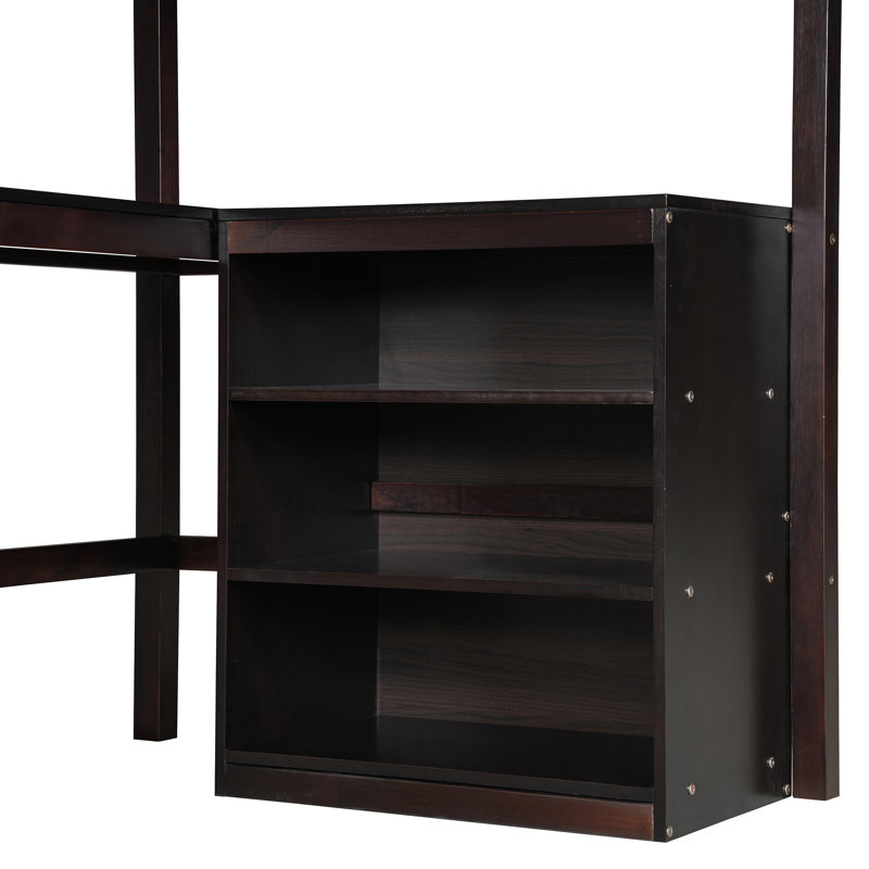 Lit mezzanine simple avec tablettes et bureau, lit mezzanine en bois avec bureau - Espresso
