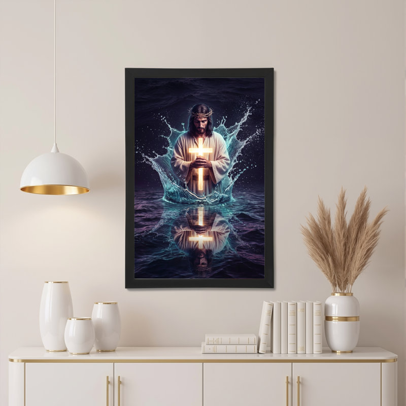 Tableau sur toile tendue représentant Jésus-Christ tenant une croix avec des éclaboussures d'eau (lot de 1)