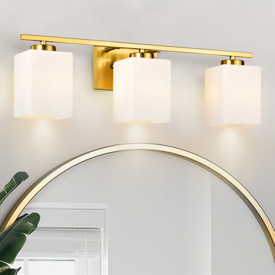 3-Light 22 in. Gold Indoor Bathroom Vanity Lights With Etched White Glass Square Rectangle Shades