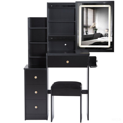 Petit meuble-lavabo de 29,2 po avec tiroir à gauche + tabouret rembourré, 2 blocs d'alimentation CA + 2 ports USB, support pour séchoir à cheveux, très grand miroir à DEL coulissant à contrôle tactile, changement de luminosité tricolore, réglage de la luminosité