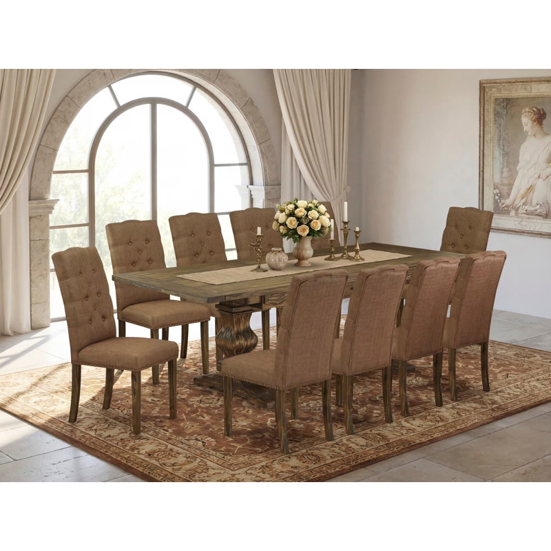11 Piece Dining Set Includes a Rectangle Dining Room Table with Removable Leaf and 10 Brown Linen Parsons Chairs, Destressed Jacobean