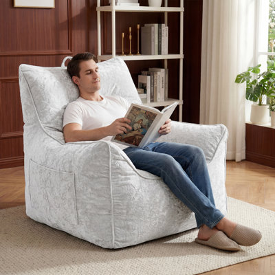 Chenille Fabric Bean Bag Chair With Backrest And Armrest, Shredded Foam Filling For Living Room And Reading Use