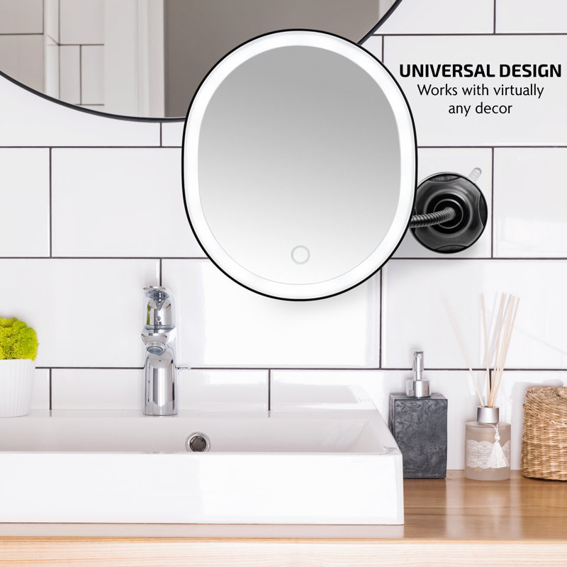 OVENTE 9'' Rechargeable Lighted Wall Mount Makeup Mirror for Bathroom with Mini Magnetic 10X Magnifying Mirror, Touch Screen Dimmable LED Lights, Flexible Gooseneck and Suction Mounting, Black MOW22B