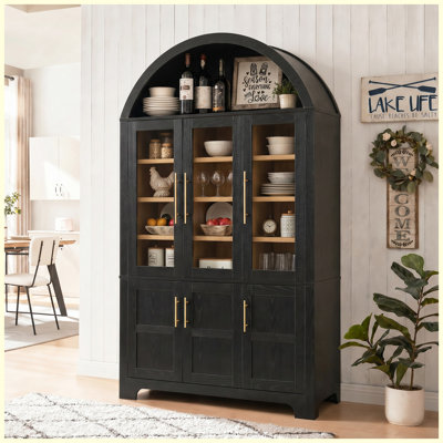 73" Tall Arched Kitchen Pantry, Farmhouse Arched Cabinet with Three Glass Doors, Kitchen Storage Cabinet with Door Shelves & Adjustable Shelves, Tall Cupboard for Dining Room, Bathroom, Black