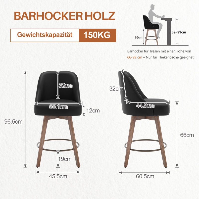 Modern Mid-Century Swivel Bar stool with Backs and Wood Legs, Black