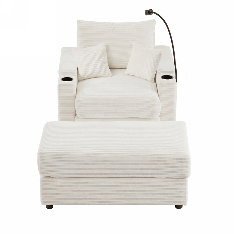 Canapé simple de 41,7 po de style moderne avec espace de rangement, repose-pieds mobile, deux ports USB, deux porte-gobelets, un porte-téléphone pour le salon, beige