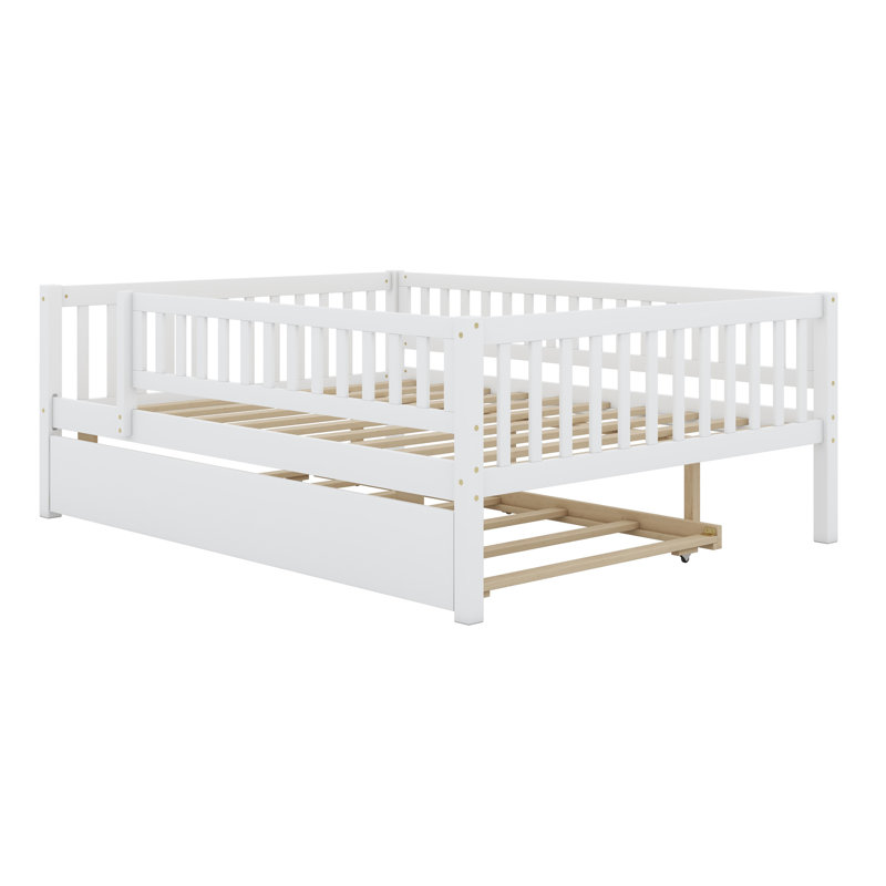 Wood Daybed With Trundle And Fence Guardrails, White