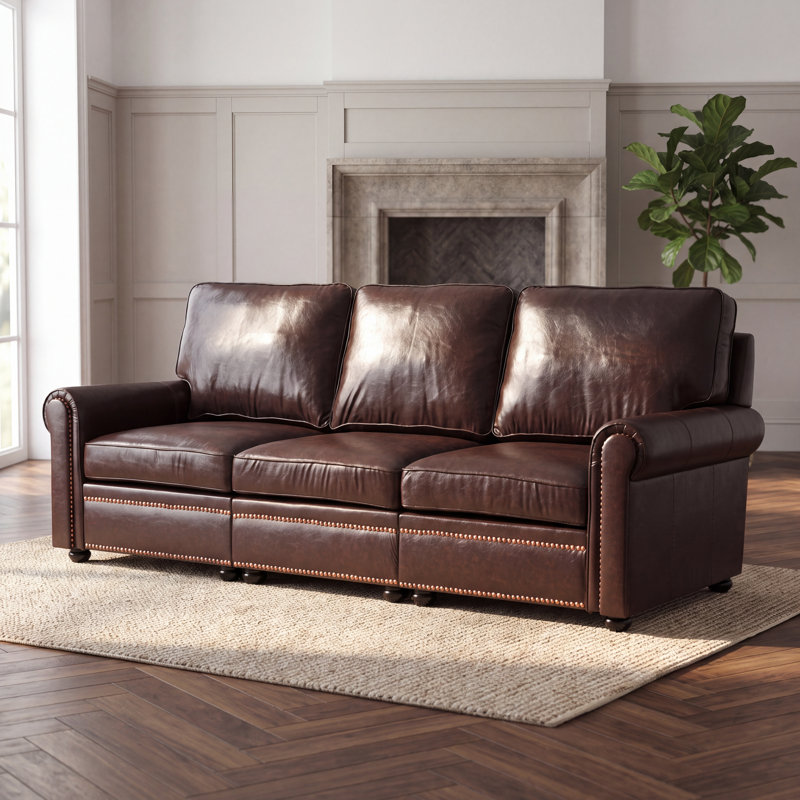 Canapé 3 places de style Chesterfield classique en similicuir PVC, canapé vintage à accoudoirs arrondis avec garniture cloutée et pieds en bois, canapé d'appoint classique pour salon (brun)