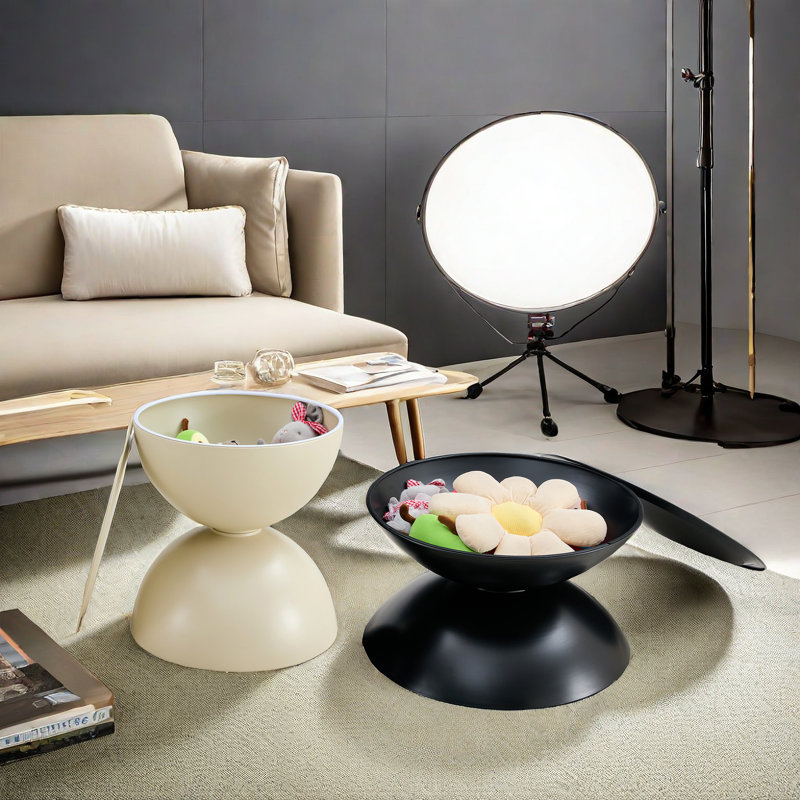 2 pièces, tables rondes blanches avec rangement Table de bout multifonctionnelle, Noir / blanc