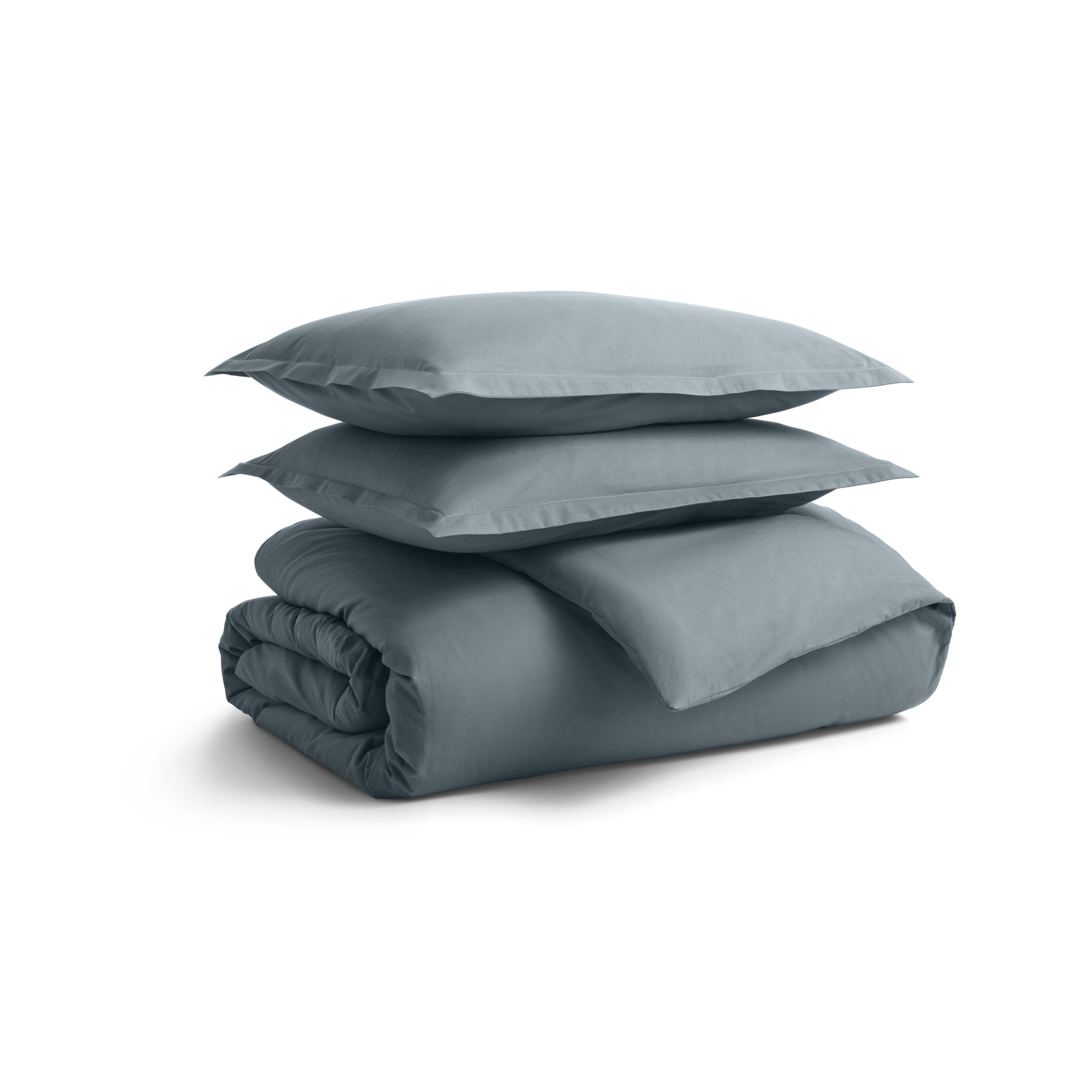 Egyptian Cotton Percale Duvet Cover Set, Queen Duvet Cover + 2 Queen Shams, Gray Blue