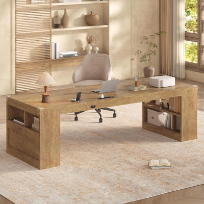 Bureau pour 2 personnes, bureau d'ordinateur 86,6 po avec tablettes de rangement, chêne